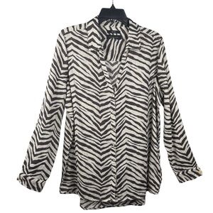 Tahari Linen Zebra Print Button-Up V neck Blouse Size